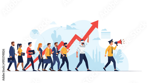 Leader using a megaphone to guide a diverse group of people along a red upward growth arrow toward success.