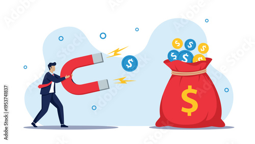 Smart businessman using a large horseshoe magnet to attract gold coins into a big red dollar money bag.