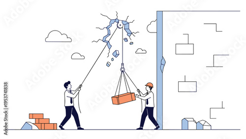 Two workers using a pulley system to lift a heavy block and repair a large crack in a blue building wall.