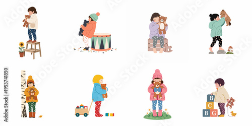 Set of adorable illustrations depicting toddlers playing with teddy bears, blocks, and toys in various charming settings.