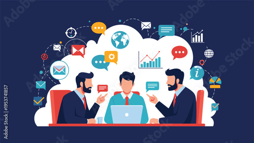 Group of three business partners sitting at a table with a laptop discussing projects and sharing information.