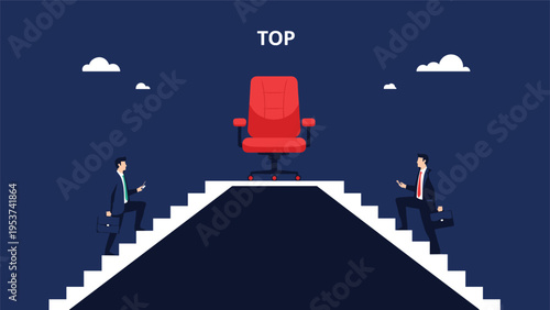 Two competitive businessmen climbing separate staircases toward a single red executive chair at the summit.