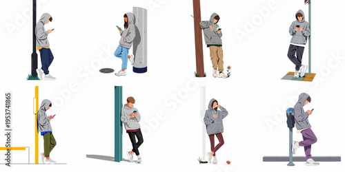 Collection of diverse young people in hoodies leaning against urban structures while using their smartphones, minimalist flat vector illustration set.