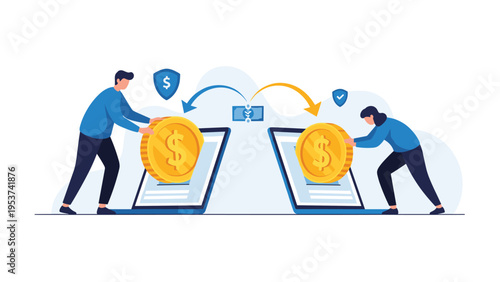 Two users transferring large gold coins between two laptop computer screens for a digital payment process.