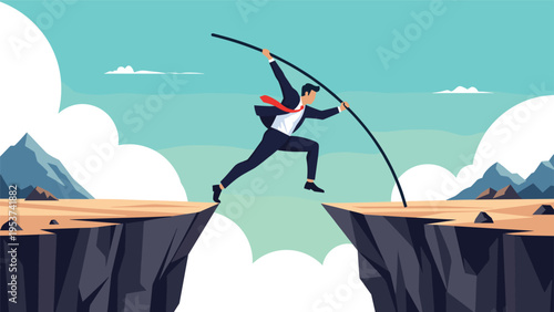 Brave businessman pole vaulting across a wide canyon gap between two rocky cliffs to reach new career goals.