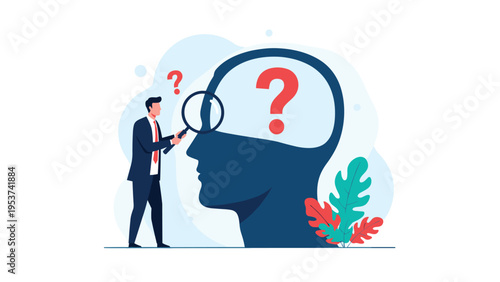 Professional businessman using magnifying glass to inspect giant human head profile with a large red question mark inside for analysis.