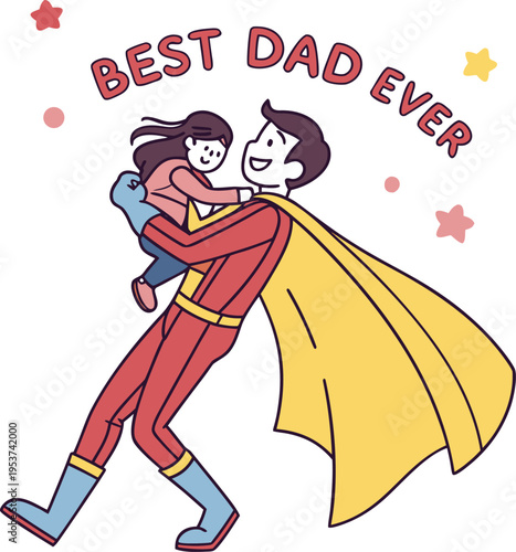 Best Dad Ever Superhero Father Carrying Daughter Vector Illustration