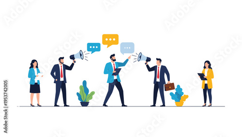 Business communication concept showing a diverse team using megaphones and speech bubbles to share ideas and information in a modern way.