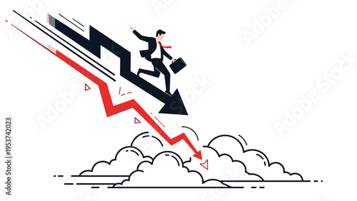 Stressed businessman losing his balance and falling down a jagged black downward trending arrow over white clouds in a business crisis.
