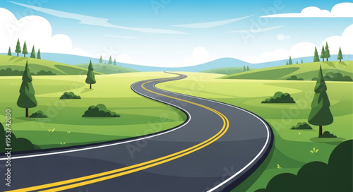 Winding Road Through Green Fields - A Scenic Journey.
