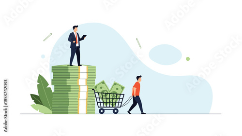 Inequality in wealth showing a businessman standing on a high stack of bills while another man pulls a cart with money in a minimal style.