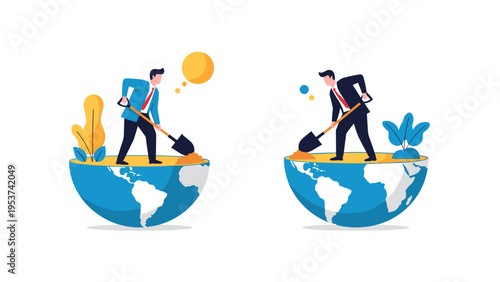 Two business professionals digging on two separate halves of planet earth for international resource discovery and global market growth.