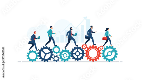 Business team members running on large interconnected rotating gears to keep the company mechanism moving forward for success and efficiency.