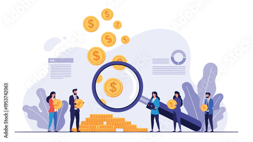 Group of financial experts using a giant magnifying glass to examine and analyze large gold coins and money stacks for investment growth.