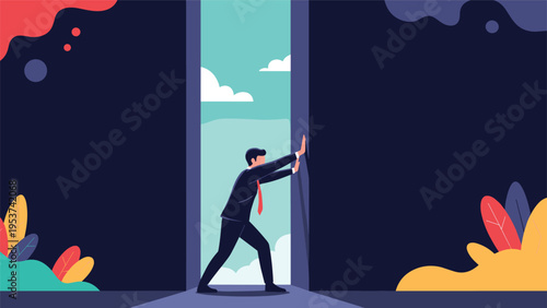 Strong businessman putting in great effort to push open heavy dark doors to reveal a bright sky and clouds representing success and hope.