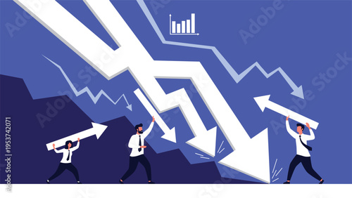 Brave business team using their strength to hold up giant falling white arrows representing a market downturn and economic recession crisis.