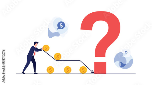Businessman pushing gold coins down a declining graph line towards a large red question mark for financial uncertainty and market risk.