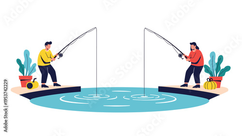 Two people sitting on opposite edges of a blue pool while fishing with rods for new business leads and opportunities in a professional way.