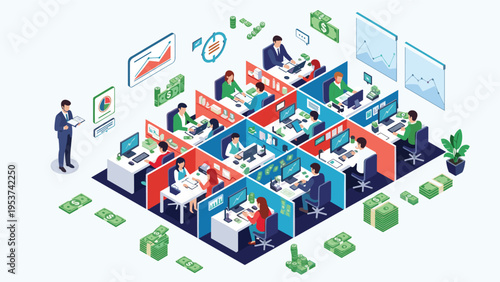 Isometric view of a large modern office with employees in cubicles surrounded by many stacks of cash money representing company success.