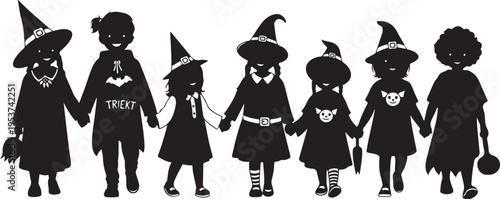 Children in Halloween costumes holding hands together