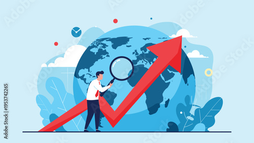 Professional businessman using a magnifying glass to inspect a rising red arrow over a planet earth globe for global growth and expansion.