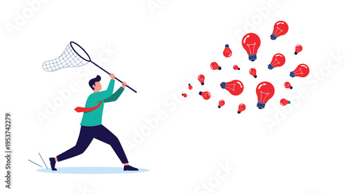 Creative person using a butterfly net to catch floating red light bulbs representing new business ideas and innovative inspirations.