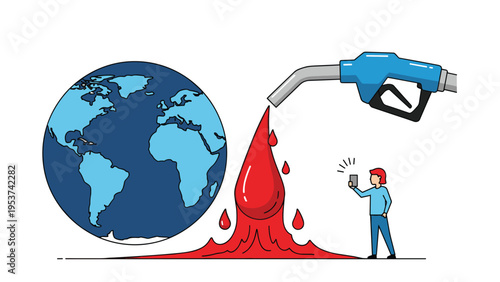 Gas station fuel nozzle pouring a red liquid like blood next to a planet earth globe representing environmental impact and pollution crisis.
