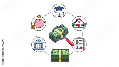 Magnifying glass focusing on stacks of cash money surrounded by icons for home education savings and banking for financial goal planning.