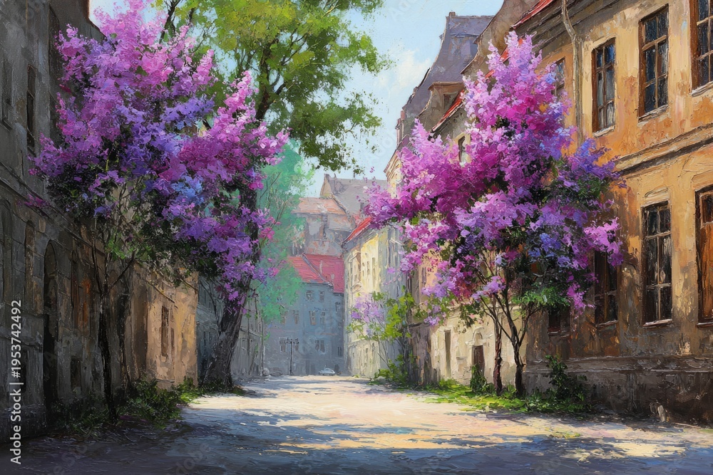 Fototapeta premium Sunny city street with blooming trees and soft light. Spring urban lifestyle and peaceful atmosphere. 