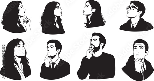 Thinking faces of business people in black silhouettes
