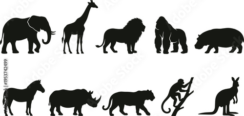 Professional African and Exotic Wildlife Silhouette Set Featuring Elephant Giraffe Lion Gorilla Hippo Zebra and Kangaroo for Nature Conservation and Safari Design Projects