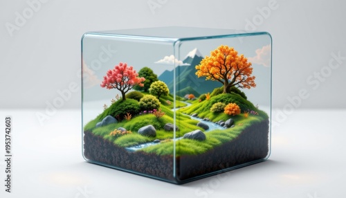 high resolution isolated miniature desktop nature world featuring a moss valley within a transparent cube, with tiny glowing elements, subtle seasonal color variation, and delicate lighting gradients