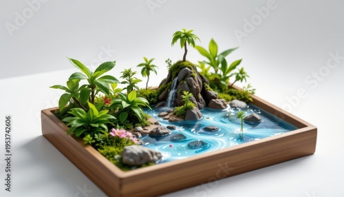 high resolution isolated miniature desktop nature world featuring a tropical island inside a minimalist tray, with delicate lighting gradients, tiny flowing water streams