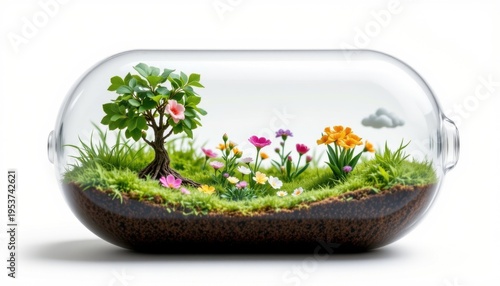 high resolution isolated miniature desktop nature world featuring a flower meadow inside a pocket sized capsule, with intricate root systems visible, mini clouds or fog effects