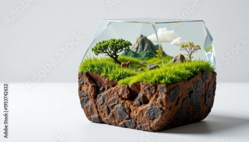 high resolution isolated miniature desktop nature world featuring a savanna grassland within a crystal prism, with natural erosion patterns, tiny rocks and natural debris