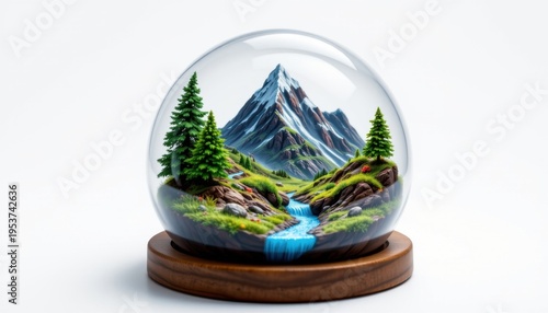 high resolution isolated miniature desktop nature world featuring a alpine mountain inside a glass dome, with tiny glowing elements, tiny flowing water streams, and layered terrain textures