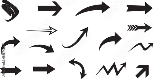 A collection of various black arrows pointing in different directions on a white background