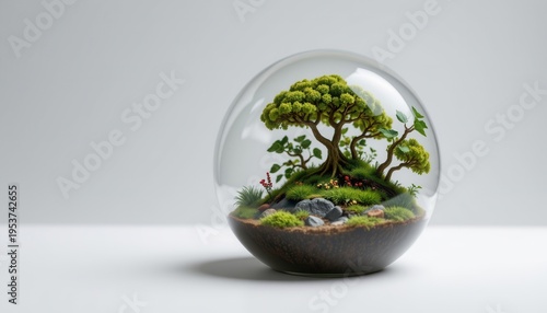 high resolution isolated miniature desktop nature world featuring a fungal forest inside a glass dome, with soft mist hovering above the surface, miniature trees with fine leaf detail