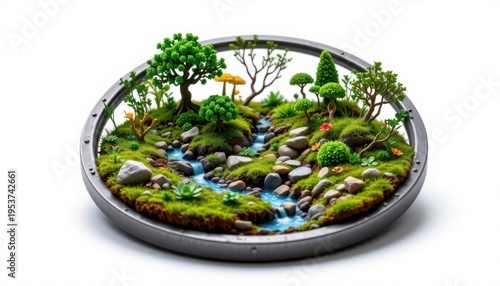 high resolution isolated miniature desktop nature world featuring a fungal forest within a metallic ring frame, with layered terrain textures, tiny rocks and natural debris