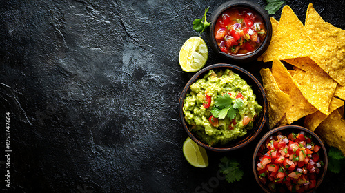 Photos A delicious serving of guacamole and salsa with tortilla chips