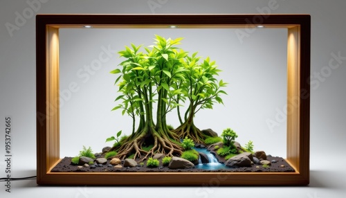 high resolution isolated miniature desktop nature world featuring a bamboo grove inside a wooden frame enclosure, with intricate root systems visible, tiny flowing water streams