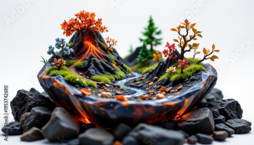 high resolution isolated miniature desktop nature world featuring a volcanic terrain within a crystal prism, with tiny rocks and natural debris, subtle seasonal color variation