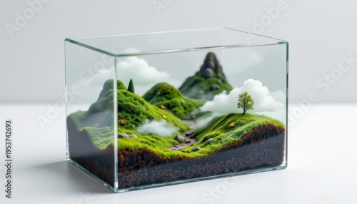 high resolution isolated miniature desktop nature world featuring a moss valley inside a clear acrylic box, with micro pathways and trails, mini clouds or fog effects