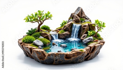 high resolution isolated miniature desktop nature world featuring a waterfall basin within a crystal prism, with natural erosion patterns, small reflective water pools