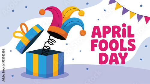 April Fools Day jack in the box with jester hat colorful playful illustration festive humor holiday greeting design isolated on light background