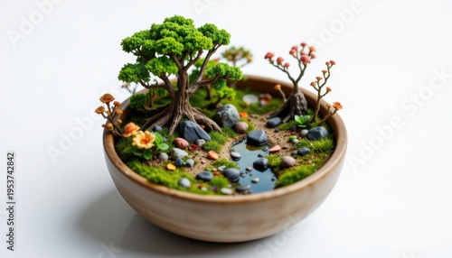 high resolution isolated miniature desktop nature world featuring a fungal forest inside a ceramic bowl, with tiny glowing elements, tiny rocks and natural debris, and small reflective water pools