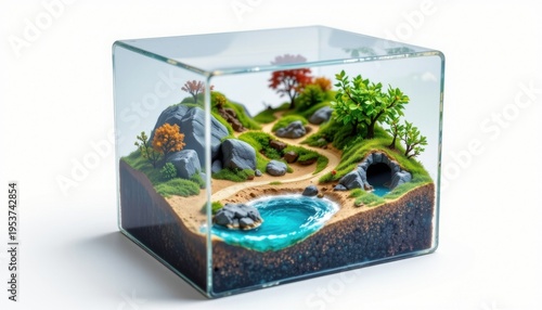 high resolution isolated miniature desktop nature world featuring a coral shoreline within a transparent cube, with micro pathways and trails, natural erosion patterns