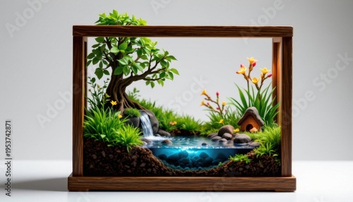 high resolution isolated miniature desktop nature world featuring a waterfall basin inside a wooden frame enclosure, with intricate root systems visible, mini wind swept grass
