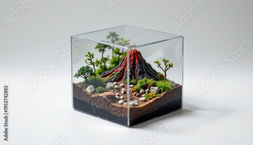 high resolution isolated miniature desktop nature world featuring a volcanic terrain within a transparent cube, with micro wildlife figures subtly integrated, tiny rocks and natural debris