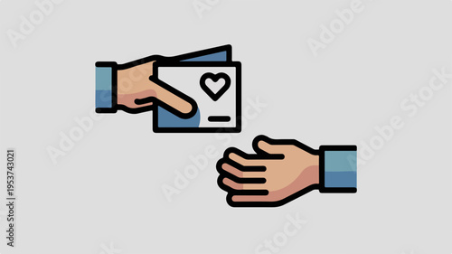 Hands exchanging a heart symbol on a card representing love kindness and generosity in a simple flat design